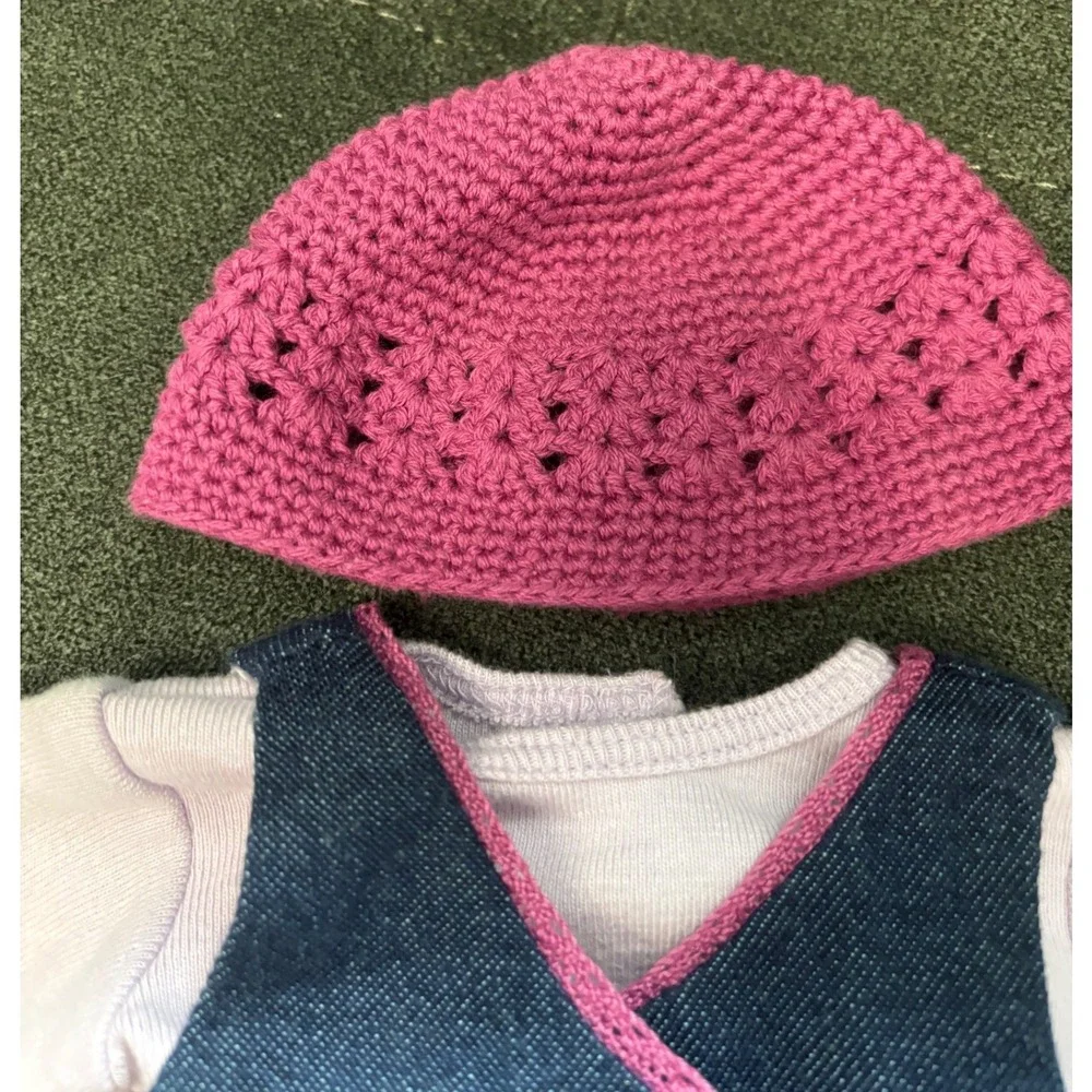 American Girl Doll Denim Jumper Dress Purple Shirt Pink Crochet Hat 3pc Outfit